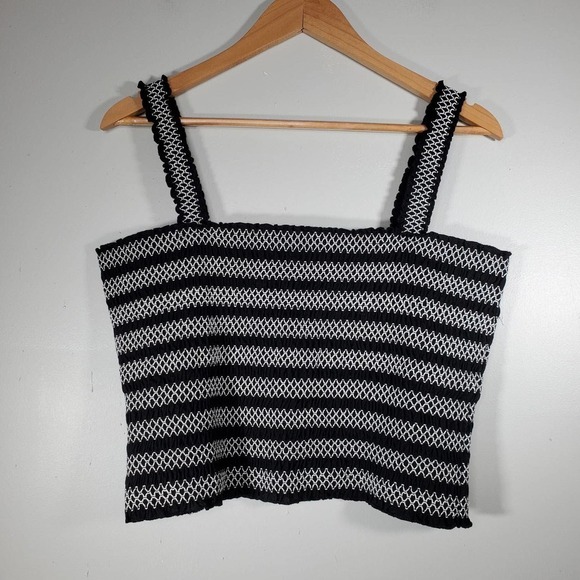 Aeropostale Embroidered Striped Wide Strap Cropped Smocked Tank Top Black XL - Picture 2 of 11